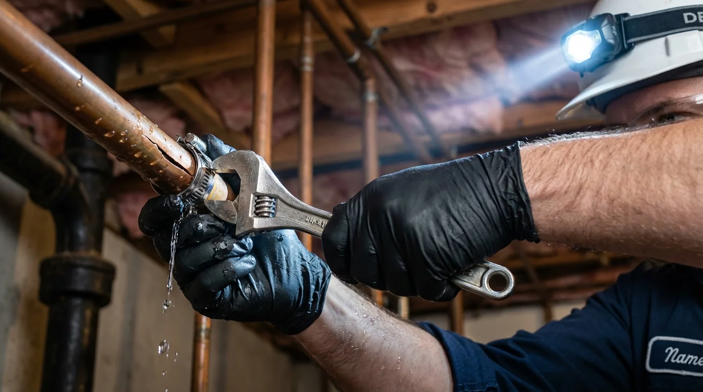 Emergency pipe clamp repair being performed by a Johns Plumbing LLC plumber in Grant