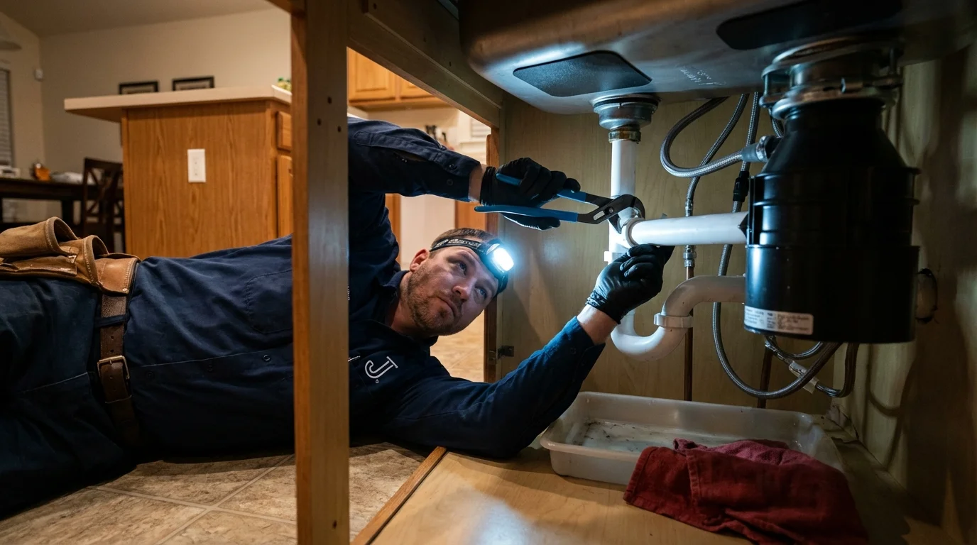 P-trap and supply line connections under a kitchen sink showing a common leak point in Grant, NE